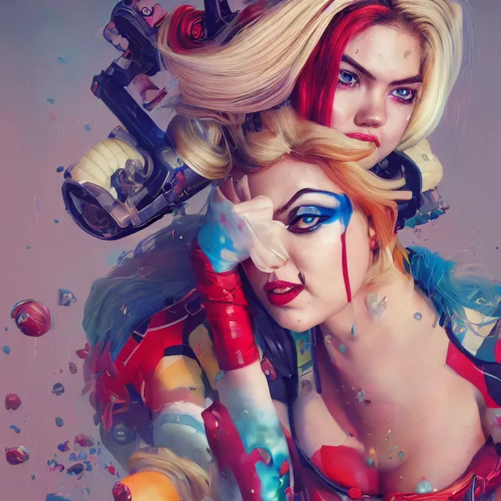 Prompt: portrait of Kate Upton as a harley quinn. intricate abstract. intricate artwork. by Tooth Wu, wlop, beeple, dan mumford. octane render, trending on artstation, greg rutkowski very coherent symmetrical artwork. cinematic, hyper realism, high detail, octane render, 8k, iridescent accents