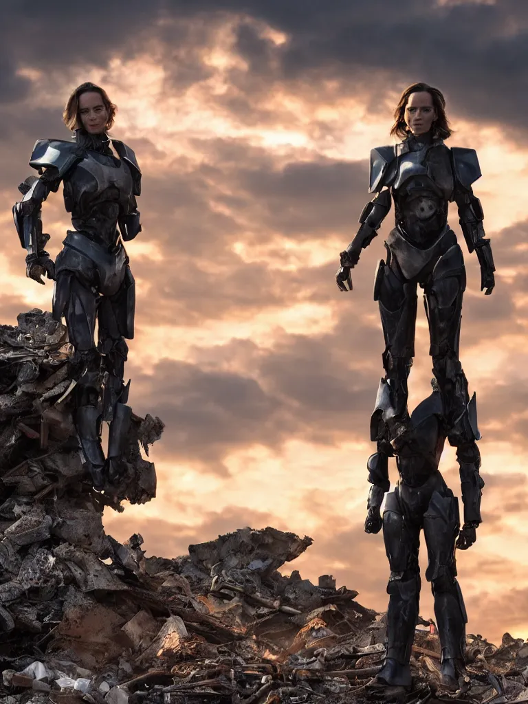 Image similar to emily blunt in futuristic power armor, standing atop a pile of rubble, sunset and big clouds behind her