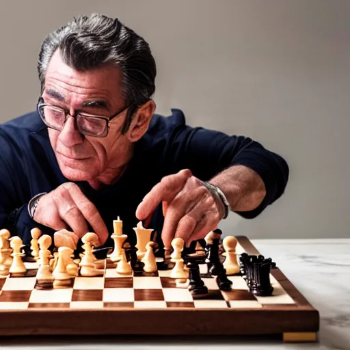 Prompt: a photo of a french man called jean claude creating a pile of raw chicken thighs on top of a chess board