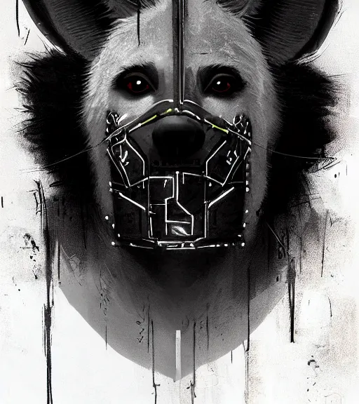 Image similar to new york city portrait of furry anthro anthropomorphic spotted hyena crocuta head animal person fursona wearing clothes strange cybernetic muzzle gloomy rainy screenshot from the video game cyberpunk 2077 digital art by Greg Rutkowski, Simon Stalenhag, christopher nolan trending on Artstation, CGSociety