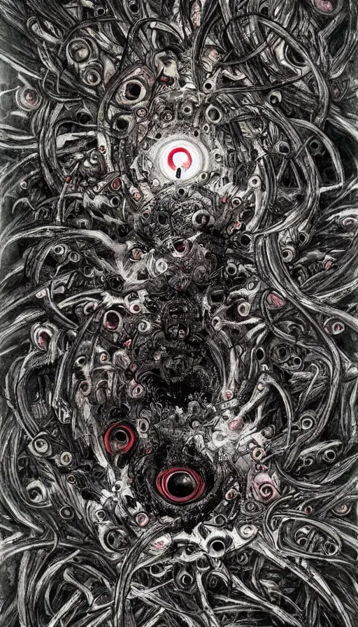 Prompt: a storm vortex made of many demonic eyes and teeth, by yoshitaka amano,