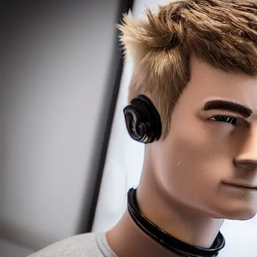 Image similar to “a realistic detailed photo of a guy who is an attractive humanoid who is half robot and half humanoid, who is a male android, twitch streamer Ninja Tyler Blevins, shiny skin, posing like a statue, blank stare, living room, display”