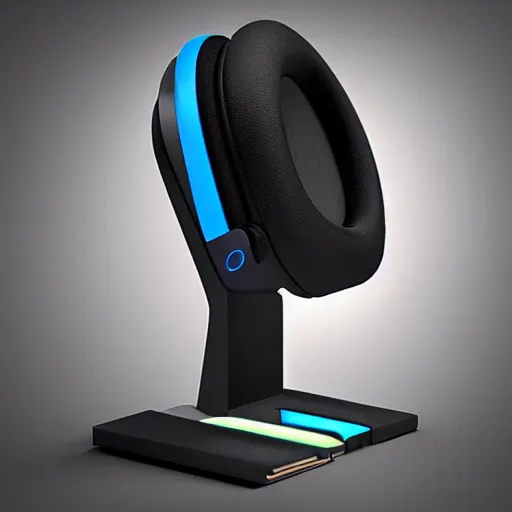 Image similar to wireless headphone stand, futuristic, techno, cyberpunk, product design, render, cute, swag, geometric, fun