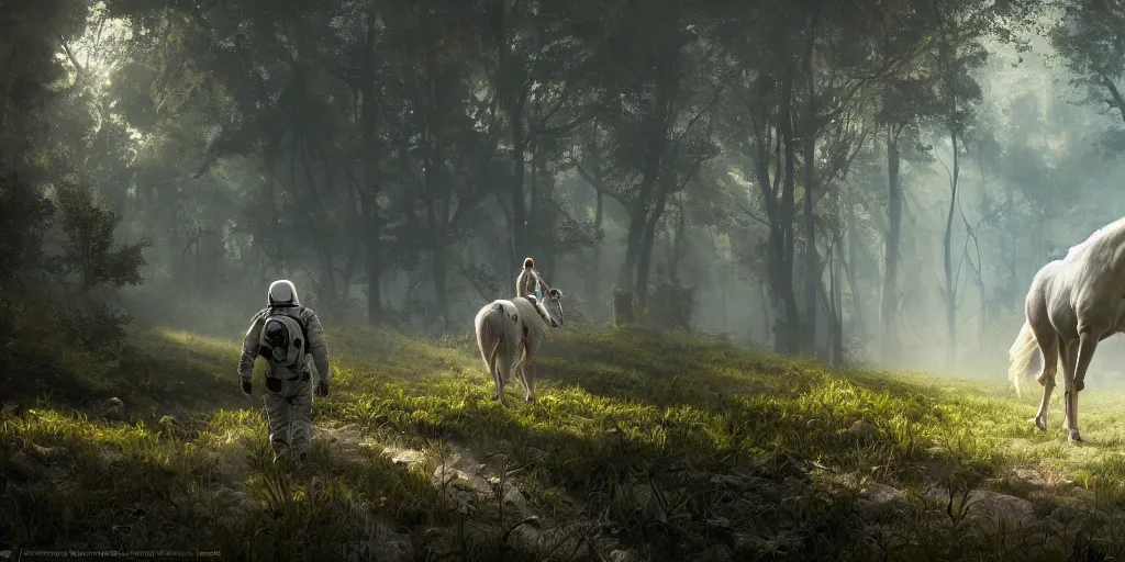 Image similar to american astronaut in an indian forest riding a white horse, plants environment, wide angle, cinematic lighting, atmospheric, ultrarealistic, trending on artstation, cgsociety, highly detailed, color graded, in the style of craig mullins, rendered in Unreal Engine 4k HQ, horizon forbidden west