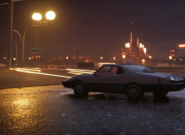 Image similar to hyperrealistic matte painting of gta game in moscow, 1 9 9 0, playstation 5 screenshot, mega details, dark night, orange lights, heavy rain, fog, beautiful rtx reflections, soviet suburbs, photorealistic, unreal engine 5, octane render, volumetric light, cg society, 4 k, 5 0 mm bokeh, russian lada car, artstation