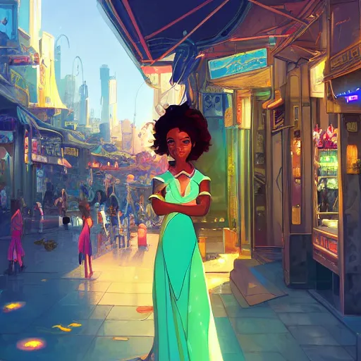 Image similar to portrait of princess tiana, middle eastern city background, rich vivid colors, ambient lighting, dynamic lighting, 4k, official media, anime key visual, makoto shinkai, ilya kuvshinov, lois van baarle, rossdraws, detailed, trending on artstation