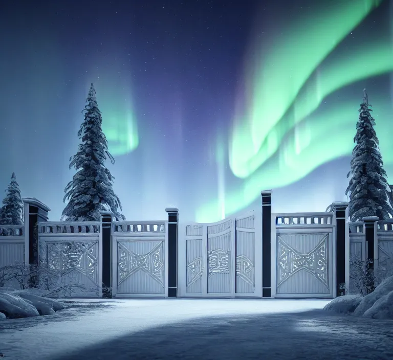 Image similar to a very detailed concept art of intricate and scandinavian white gates to aurora borealis, trending on artstation, symmetry, digital art, 4 k, hyper realistic, octane render, sharp focus