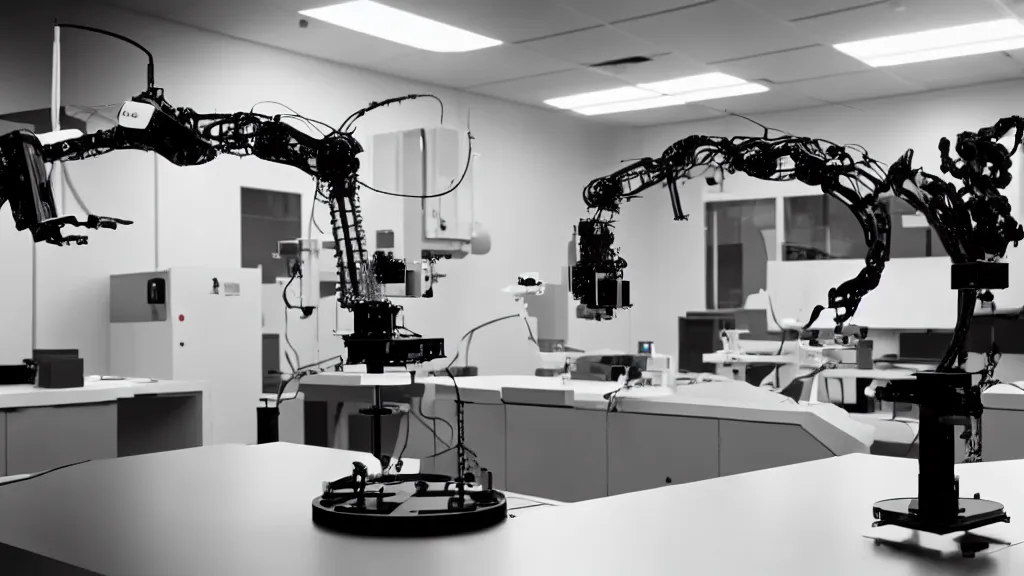 Image similar to a complex bifurcated robotic cnc surgical arm hybrid mri 3 d printer machine making black and white ceramic mutant forms in the laboratory inspection room, film still from the movie directed by denis villeneuve with art direction by salvador dali, wide lens