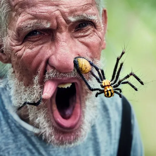 Image similar to National Geographic photo of angry old man with spiders in his mouth