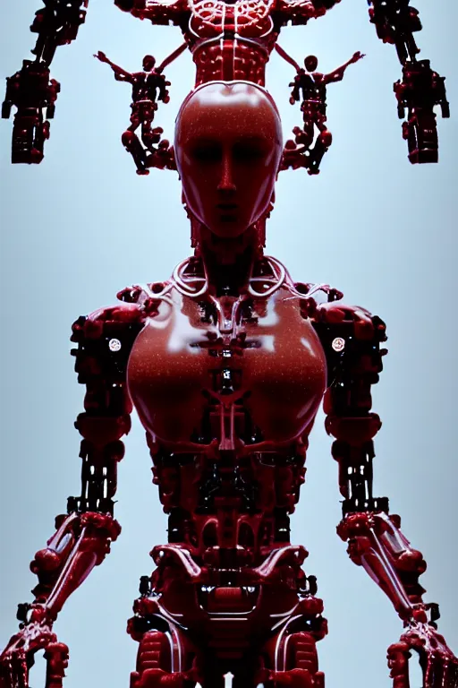 Image similar to a statue jesus on cross made of red marble, perfect symmetrical body, full body shot, white biomechanical, wearing epic bionic cyborg implants, inflateble shapes, tubes, background space station, masterpiece, intricate, biopunk, vogue, highly detailed, artstation, concept art, background galaxy, cyberpunk, octane render