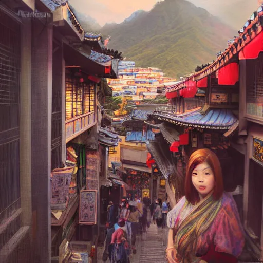 Prompt: a woman in jiufen taiwan, an oil painting by ross tran and thomas kincade