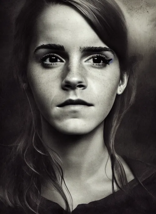 Image similar to Emma Watson as Hermione Granger. Face in profile. Made of leaf. Skeleton. In the style of the Dutch masters and Gregory Crewdson. Dark and moody