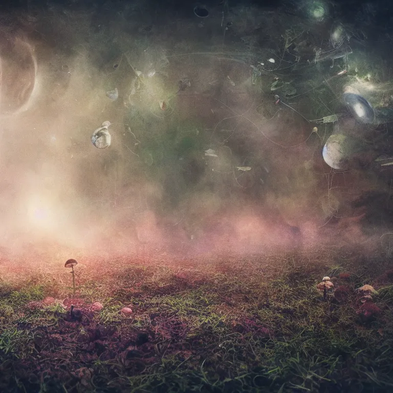 Image similar to a planet of various fungus, mushrooms and plants, inside the picture is infinity, Atmospheric phenomenon, artistic photography, muted colors, conceptual, long exposure outside the city, volumetric light