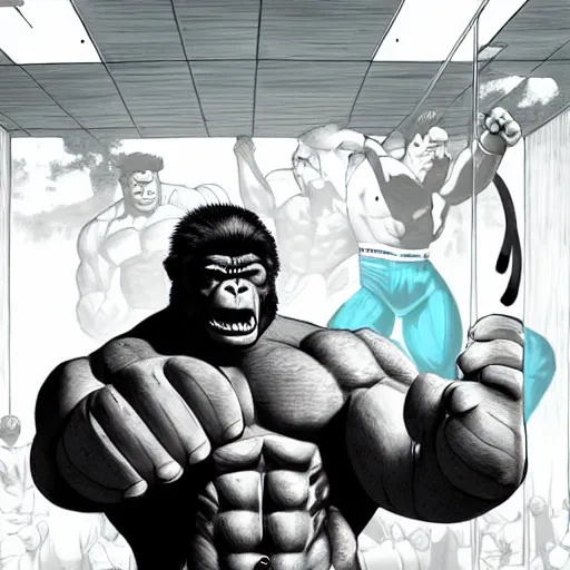 Image similar to Hulk training with a gorilla in a gym, digital art, trending on artstation, well detailed