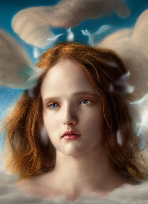 Image similar to painting of a floating angelic spirit made out of clouds and floating ribbons, beautiful female face, spectrum colours, angelic, realistic, raphaelites, baroque, renaissance, cinematic light, volumetric, octane render