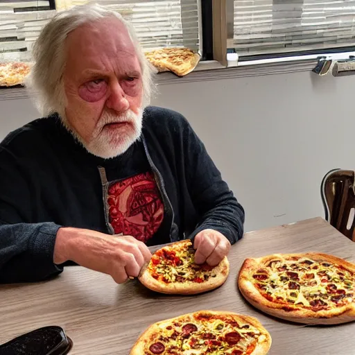 Image similar to a grumpy old danish man with long black hair eating pizza while DMing an AD&D game, D&D, rogue, dark hair, skinny, middle aged, D&D dice on table, papers on table, character sheets on table