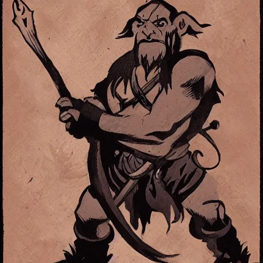 Image similar to A Half-orc Druid holding a wooden staff, holding a wooden staff, Mike Mignola