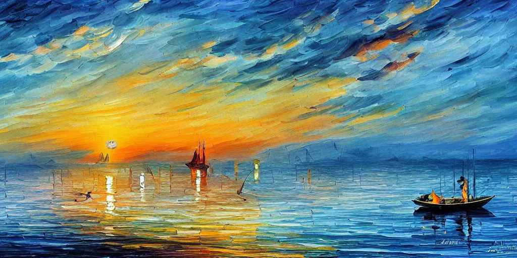 Prompt: rising sun ( ( ( fishing cormorant, fishing boat ) ) ) on the bay, by leonid afremov and moebius