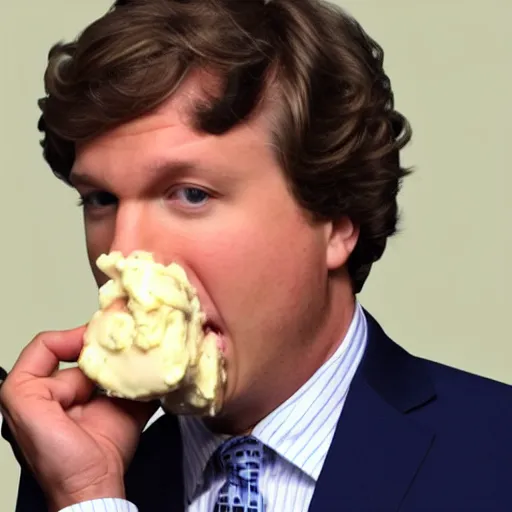 Image similar to Tucker Carlson eating an entire jar of mayonnaise and looking really salty about it