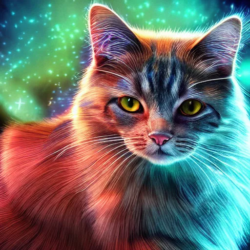 Image similar to Photorealistic magic crystalline cat. Hyperdetailed photorealism, 108 megapixels, amazing depth, glowing rich colors, powerful imagery, psychedelic Overtones, 3D finalrender, 3d shading, cinematic lighting, artstation concept art