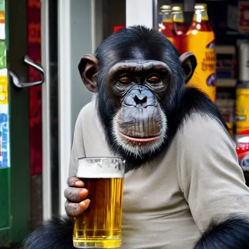 Image similar to a chimpanzee drinking beer in a corner shop