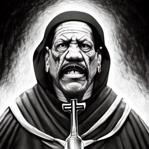 Image similar to Danny Trejo as church nun, dark fantasy, highly detailed, artstation, manga illustration by Kentaro Miura berserk