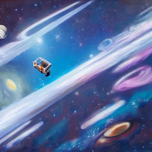 Image similar to oil painting of a printer floating in space printing out a long sheet of paper covered with writing, trending on artstation