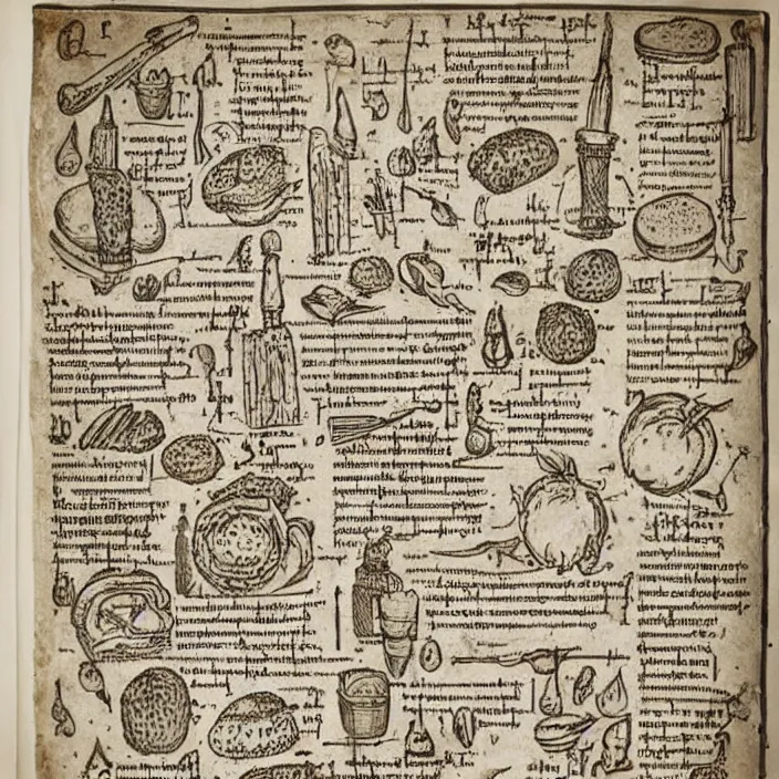 Image similar to ( ( ( ( illustrated recipe for an hamburger ) ) ) ) lot of medieval enluminures in the background explaining the recipe, found schematic in a notebook