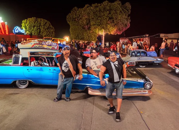 Image similar to chicano homeboys hanging out at a lowrider show at twilight in east los angeles, ilfochrome, 8 k resolution