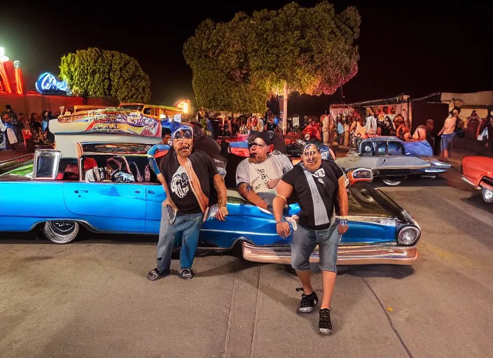 Prompt: chicano homeboys hanging out at a lowrider show at twilight in east los angeles, ilfochrome, 8 k resolution