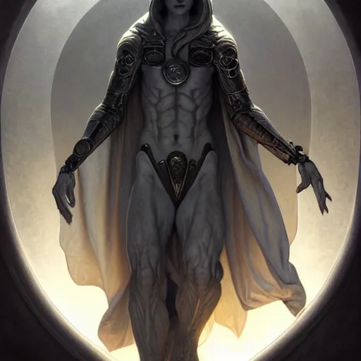 Image similar to grey alien, friendly peaceful, heroic lighting, dark fantasy, intricate, elegant, highly detailed, lifelike, photorealistic, digital painting, artstation, illustration, concept art, smooth, sharp focus, art by John Collier and Albert Aublet and Krenz Cushart and Artem Demura and Alphonse Mucha