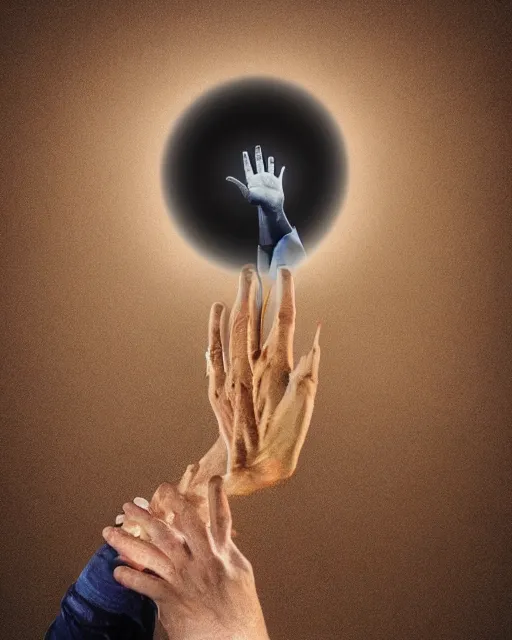 Prompt: a hand emerging from a portal in the sky, digital illustration by robbie trovino, detailed, gorgeous lighting, wide angle action dynamic portrait