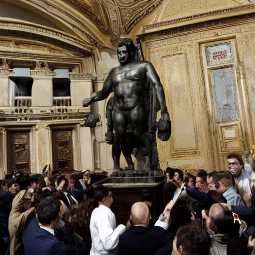 Image similar to Giulio Andreotti throwing an ancient idol statue a the Italian parliament