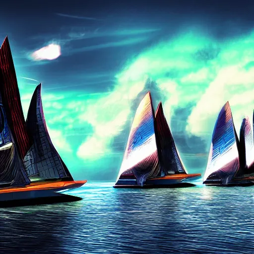 Image similar to marvel comic style, futuristic sail ship with solar panel sails mid-journey, robot sailors, HDR, 8k, digital art