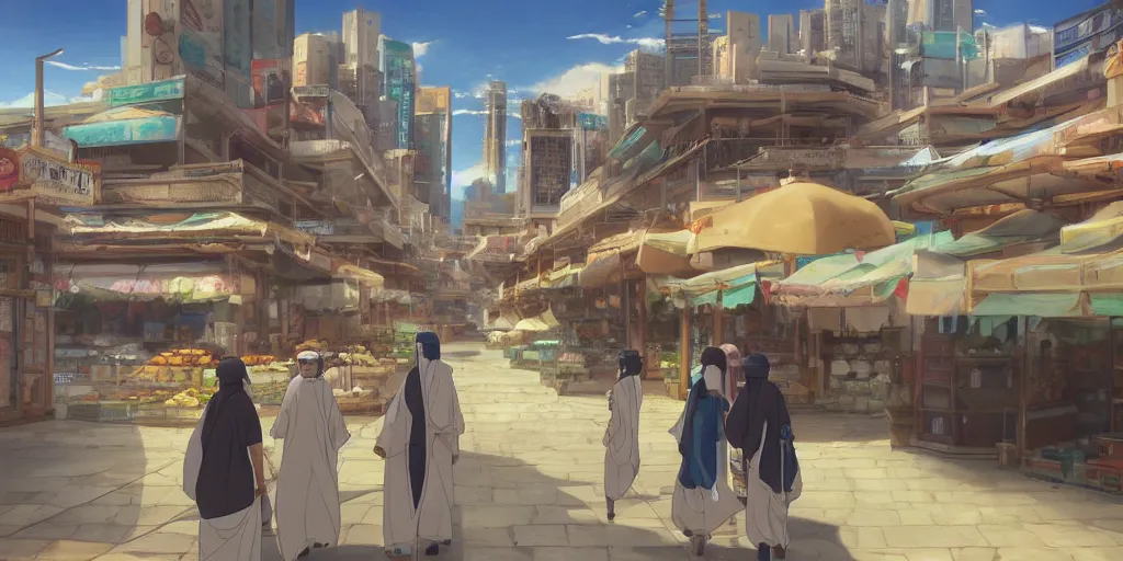 Prompt: empty arabian marketplace, scenic shot, by makoto shinkai