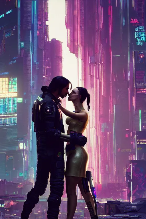 Prompt: a cyberpunk 2077 couple portrait of Keanu Reeves & female android final kiss in the night city,love,by Laurie Greasley,Lawrence Alma-Tadema,Dan Mumford,Andrei Riabovitchev,John Wick,Replicas,artstation,deviantart,FAN ART,Digital painting,face enhance,highly detailed,8K,octane,golden ratio,cinematic lighting