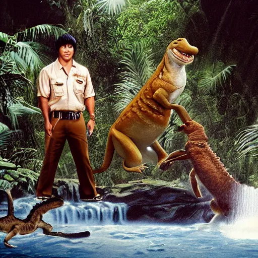 Prompt: steve irwin with dingo and crocodile ( ( ( ( bruce lee ) ) ) ), waterfall background, epic detailed cinematic photography