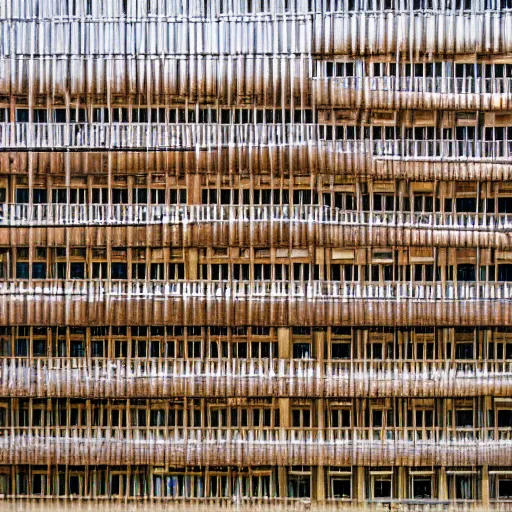 Prompt: photo of the whole bern's federal council building completely covered with wooden planks nailed to the walls