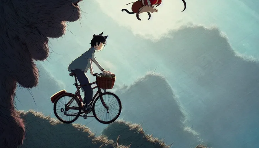 Image similar to the last fat catrider, comedy, graphic art, rgba, 8 k hd resolution, pinterest, dynamic character, 8 k character details, concept art, 8 k ultra realistic, intricate details, ultra detailed, reduce character duplication, in style of hayao miyazaki, by studio ghibli