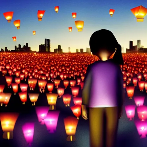 Prompt: a little girl watching hundreds of chinese sky lanterns flying in the night sky over a sci-fi city, Pixar style