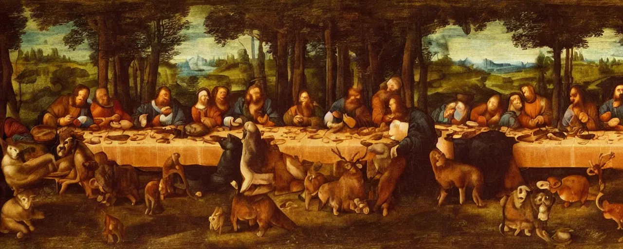 Prompt: A painting of animals sitting at the table in the forest. Style of The last supper by Leonardo Da Vinci