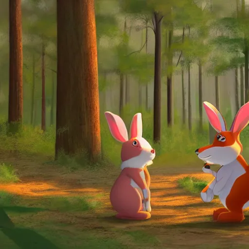 Prompt: a soft focus, cartoon style clearing in a forest with pixar style rabbits and foxes