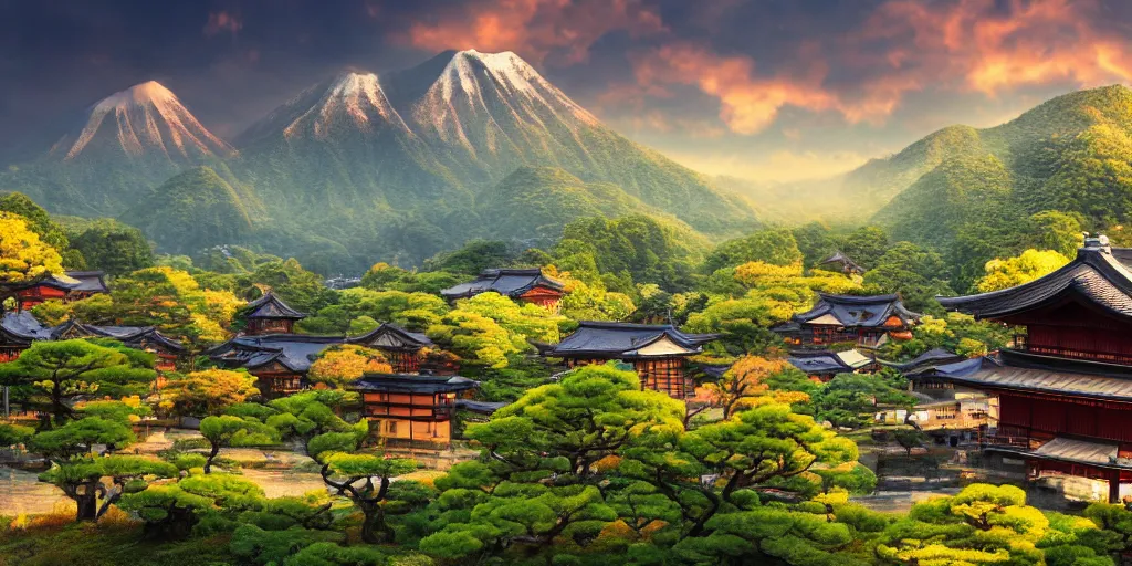 Image similar to japanese countryside with mountains and old buildings, fantasy style, ghibili, whimsical, 4 k