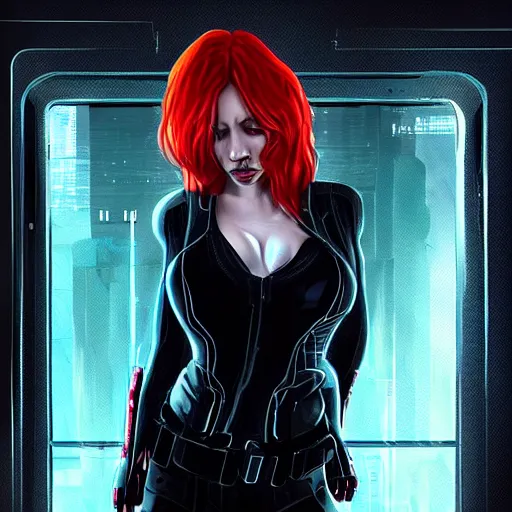 Image similar to black widow in a cyberpunk world, artstation hall of fame gallery, editors choice, #1 digital painting of all time, most beautiful image ever created, emotionally evocative, greatest art ever made, lifetime achievement magnum opus masterpiece, the most amazing breathtaking image with the deepest message ever painted, a thing of beauty beyond imagination or words