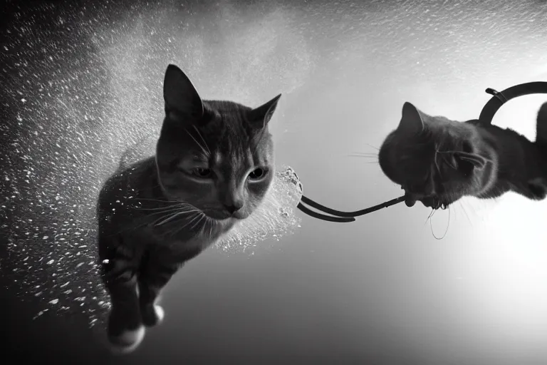 Image similar to a cat dressed as a scuba diver swimming underwater, photo-realistic low lighting, creepy, vast, shot by a camera,