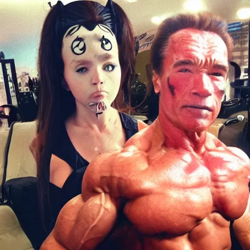 Image similar to catgirl with arnold schwarzenegger face, photograph, instagram
