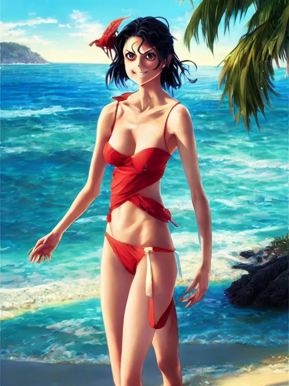 Image similar to An anime portrait of a smiling ((Morena Baccarin)) on the beach near the ocean, by Stanley Artgerm Lau, WLOP, Rossdraws, James Jean, Andrei Riabovitchev, Marc Simonetti, and Sakimi chan