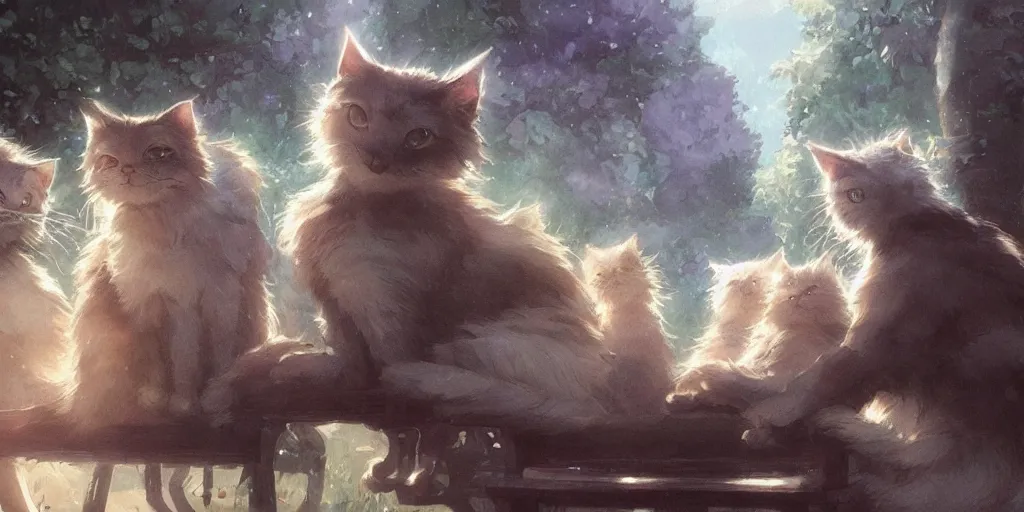 Image similar to several cats sitting on a bench, close up shot, anime art, Greg Rutkowski, studio ghibli, dramatic lighting