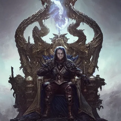 Prompt: joe biden atop a throne of skulls, fantasy, highly detailed, digital painting, artstation, cigarette, concept art, sharp focus, illustration, octane render, art by artgerm and greg rutkowski and magali villeneuve, dark color scheme