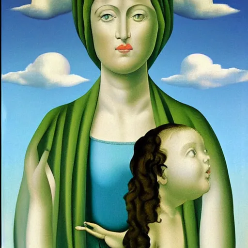 Prompt: a vivid painting of the Madonna and child by Rene Magritte, detailed image, surreal